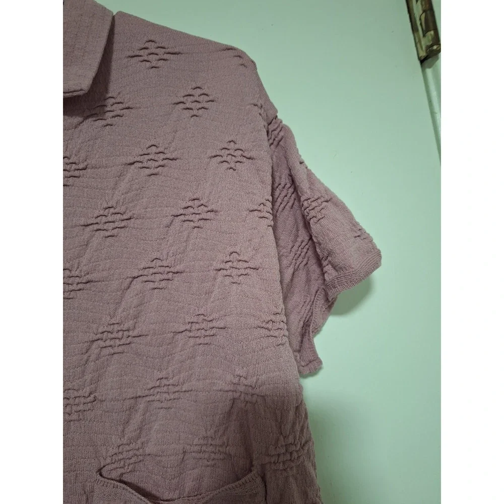 ZARA Girls 9-10 Years Pink Textured Collared Short Sleeve Knit Button-Up Shirt